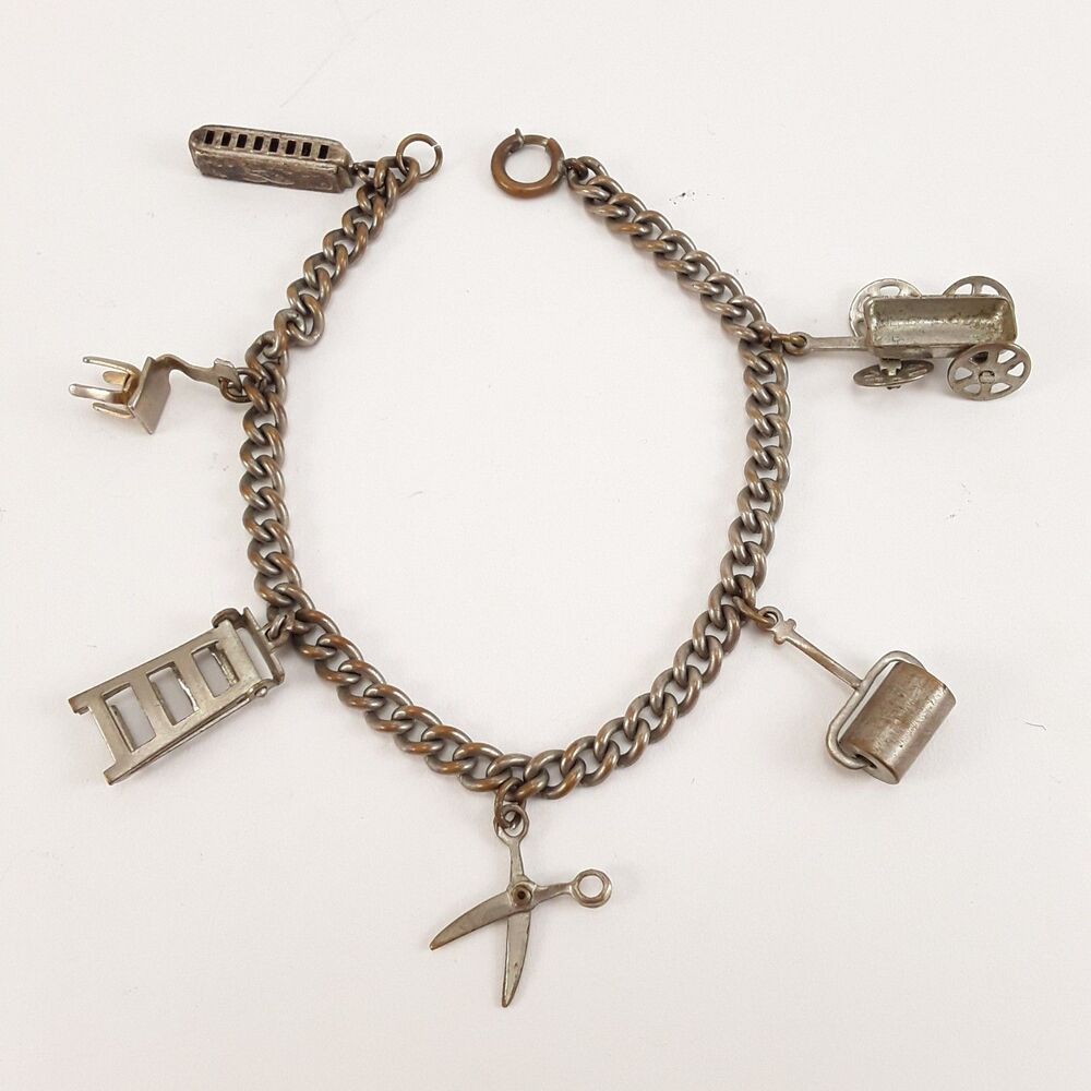Vintage WORN Charm Bracelet 7", wagon harmonica ladder scissors chair roller